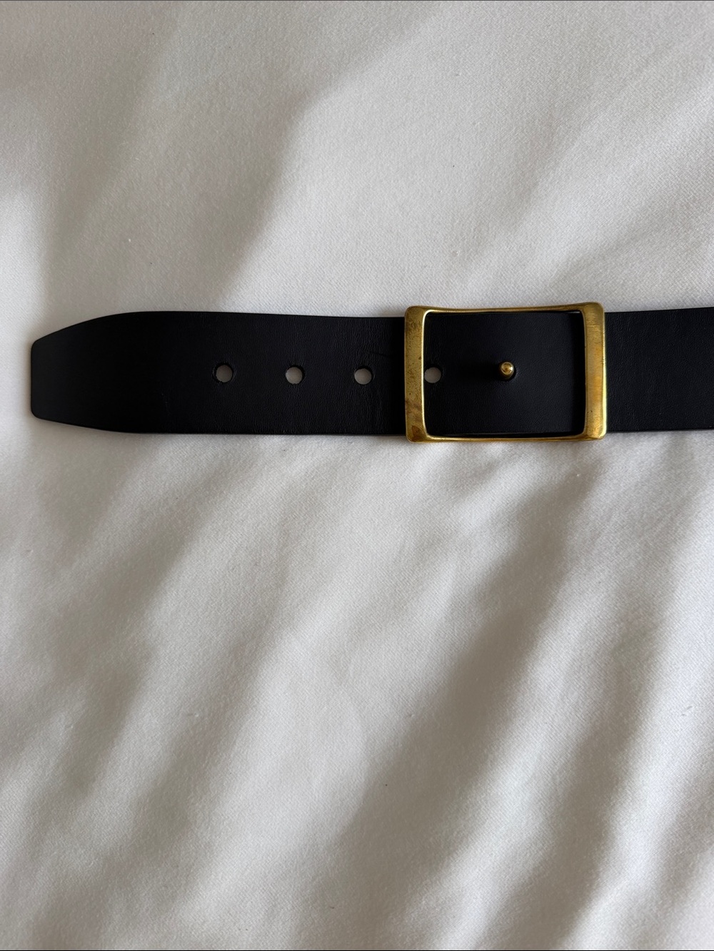 ANN MASHBURN Black Leather Belt with Gold Square Buckle